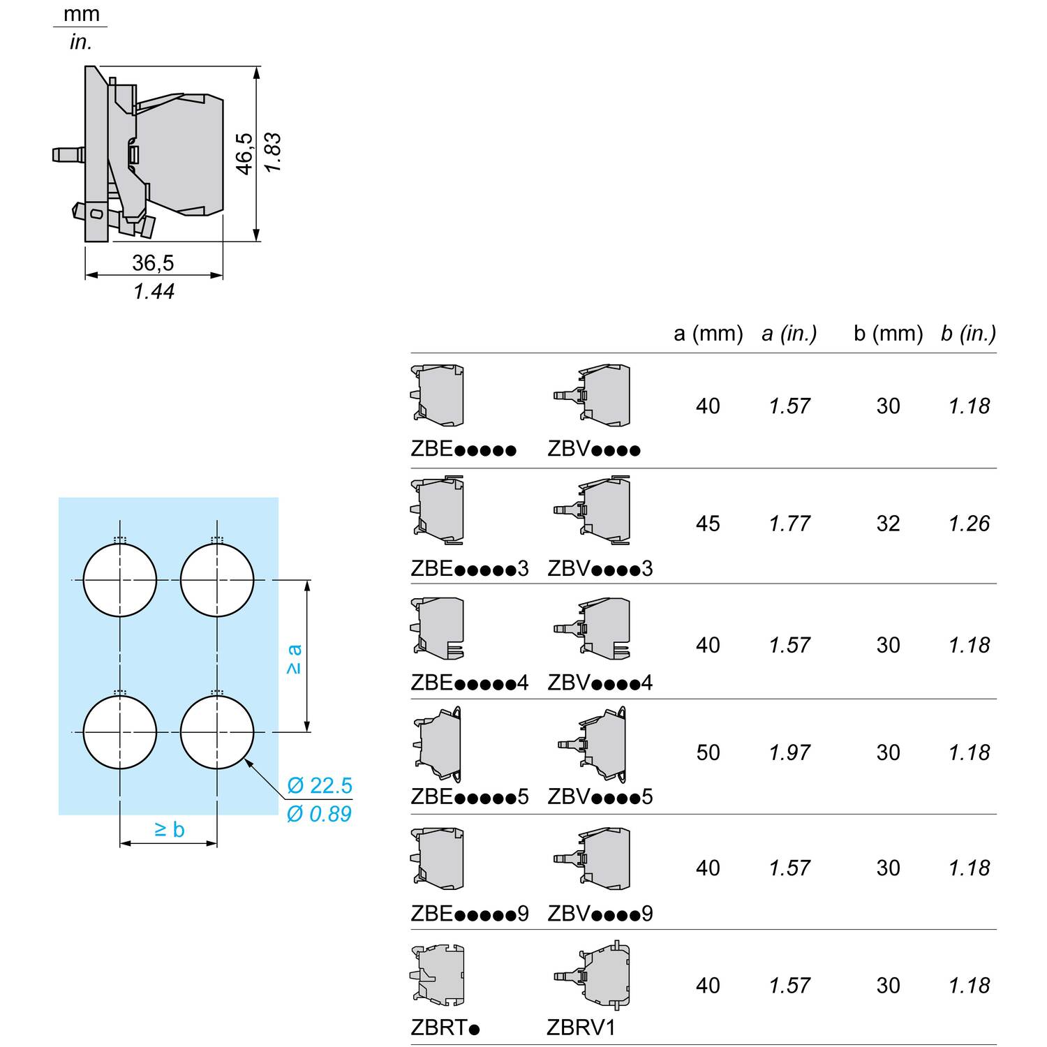 Complete body/light block assembly, Harmony XB4, metal, universal LED, body/fixing collar, 24…120V AC DC – Image 9 of 13