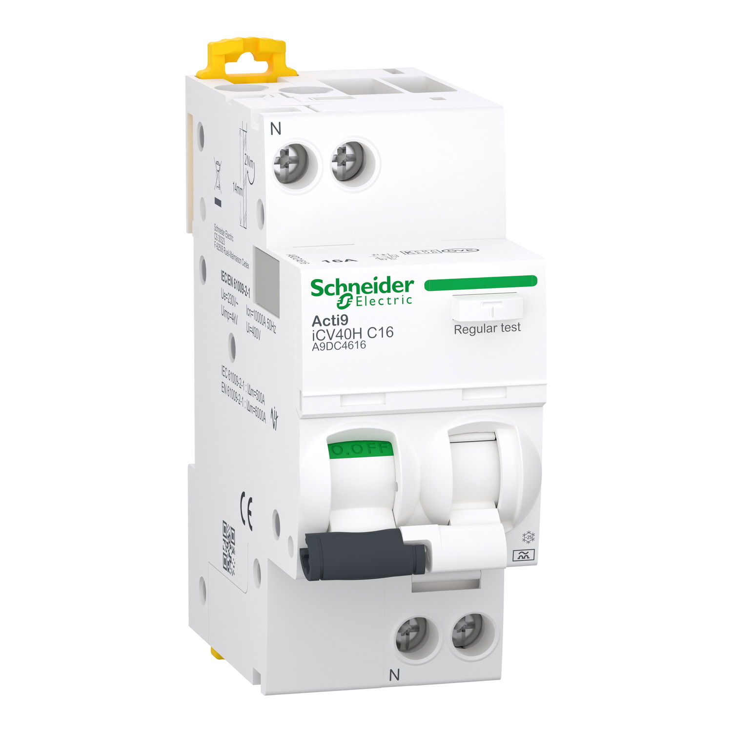 Residual current breaker with overcurrent protection (RCBO), Acti9 iCV40, 1P+N, 16 A, C Curve, 10000 A, 30 mA, A type