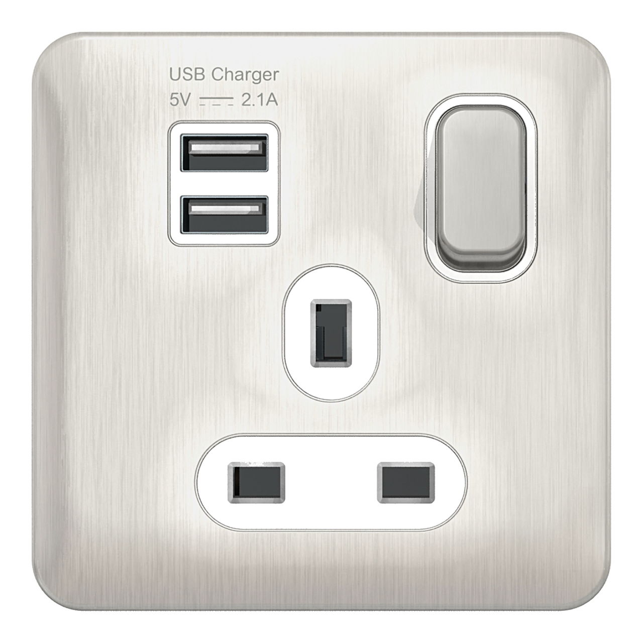 "Lisse - Switched Socket - 1 gang - 13A SP 2USB Stainless Steel with White Inter( Subject to availability)"