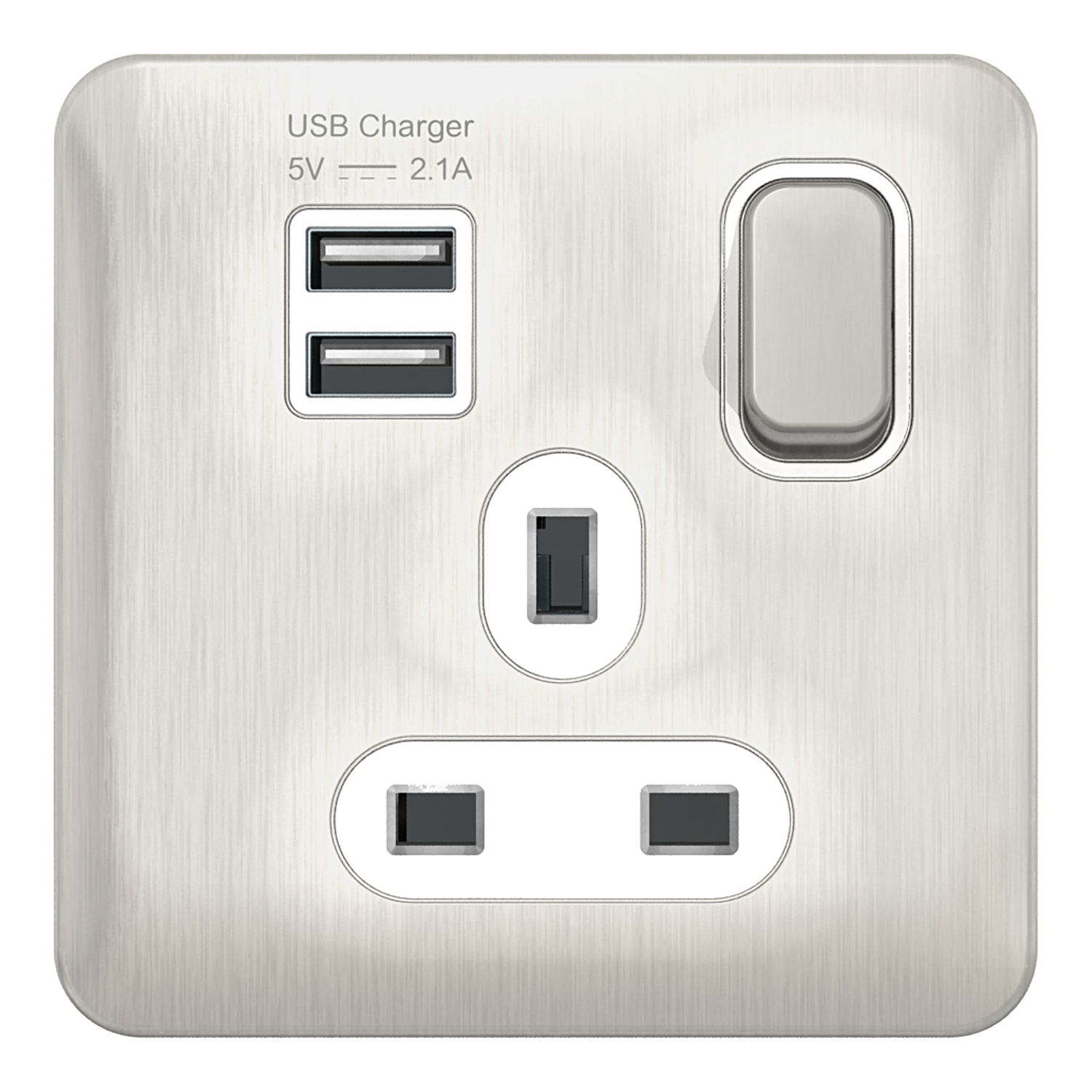 "Lisse - Switched Socket - 1 gang - 13A SP 2USB Stainless Steel with White Inter( Subject to availability)"