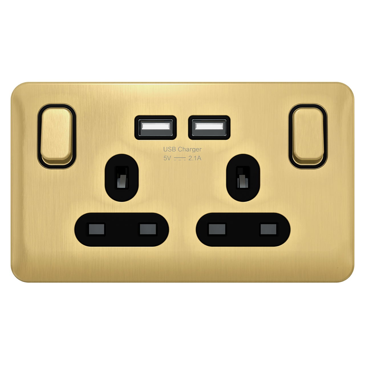 "Lisse - Switched Socket - 2 gang - 13A SP 2USB Satin Brass with Black Interior( Subject to availability)"
