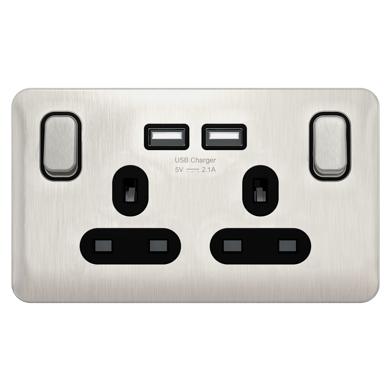 "Lisse - Switched Socket - 2 gang - 13A SP 2USB Stainless Steel with Black Inter( Subject to availability)"