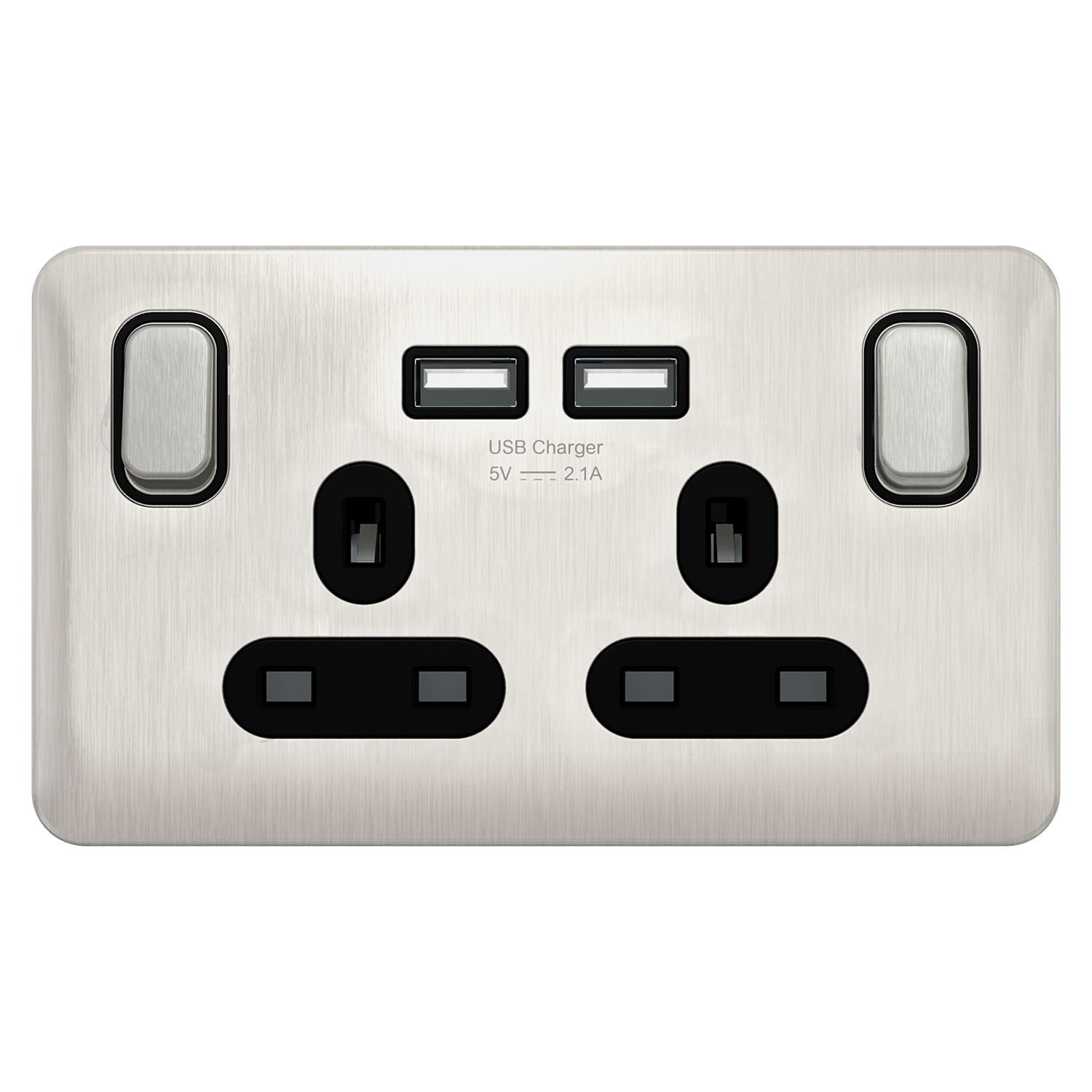 "Lisse - Switched Socket - 2 gang - 13A SP 2USB Stainless Steel with Black Inter( Subject to availability)"