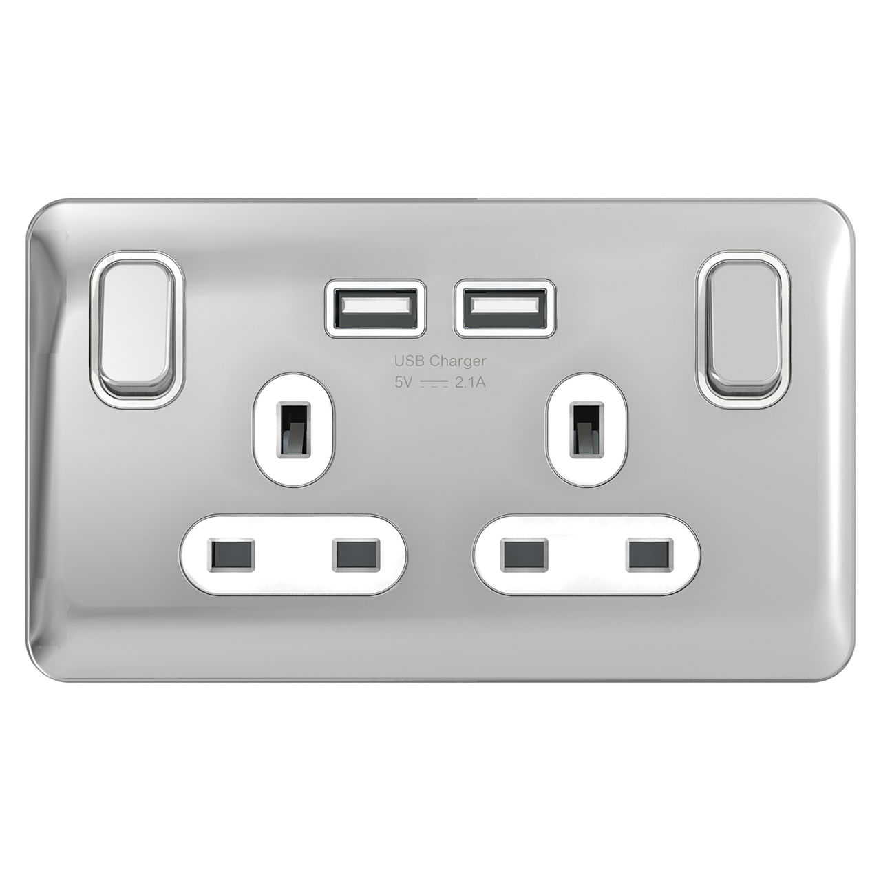 "Lisse - Switched Socket - 2 gang - 13A SP 2USB Polished Chrome with White Inter( Subject to availability)"