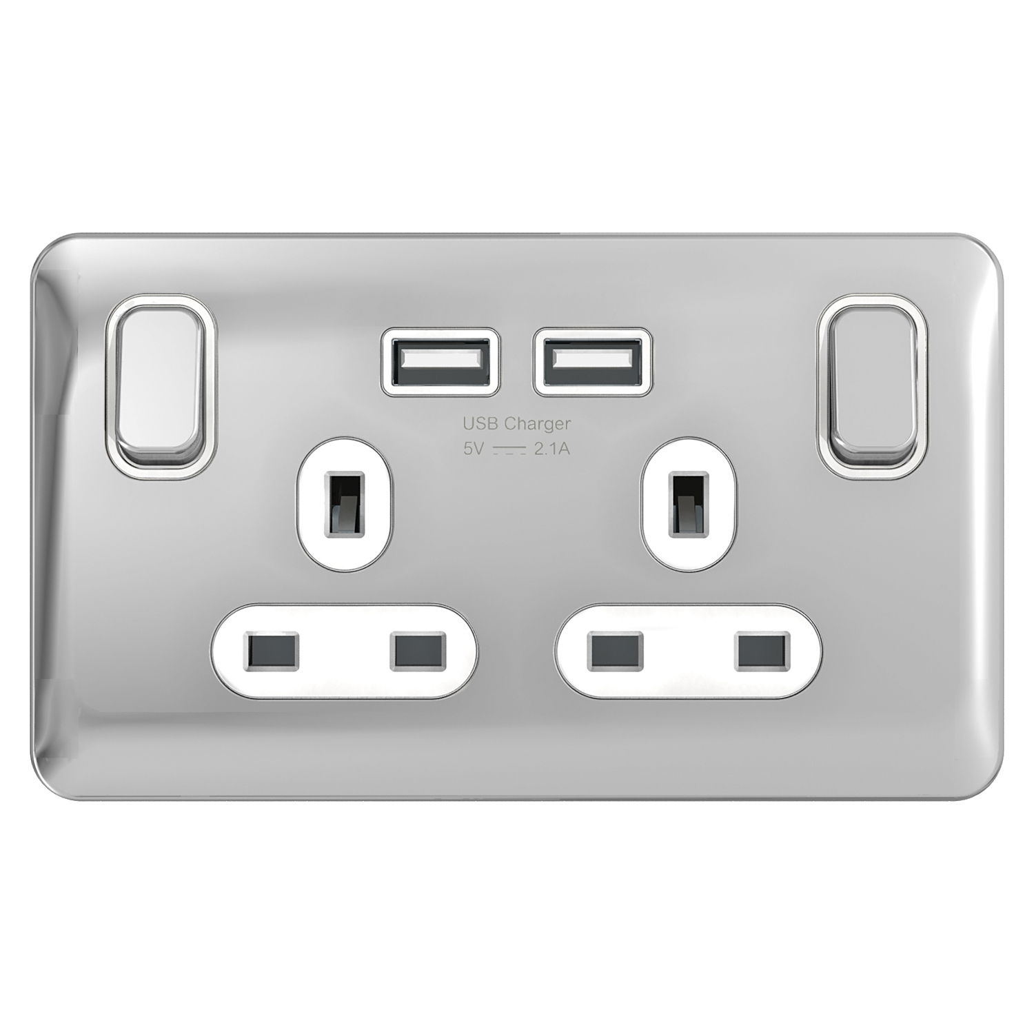 "Lisse - Switched Socket - 2 gang - 13A SP 2USB Polished Chrome with White Inter( Subject to availability)"