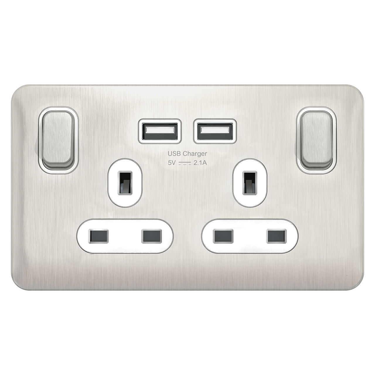 "Lisse - Switched Socket - 2 gang - 13A SP 2USB Stainless Steel with White Inter( Subject to availability)"