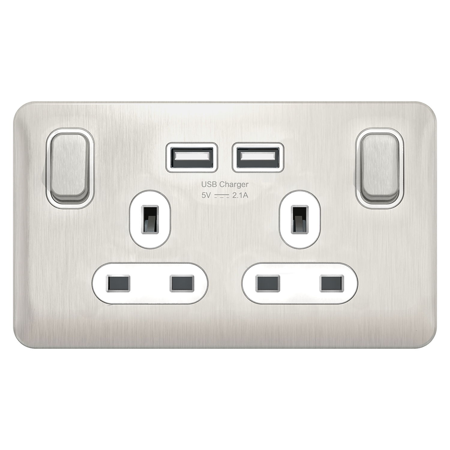 "Lisse - Switched Socket - 2 gang - 13A SP 2USB Stainless Steel with White Inter( Subject to availability)"