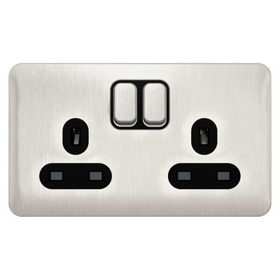 "Lisse - Switched Socket - 2 gang - 13A Stainless Steel with Black Interior( Subject to availability)"