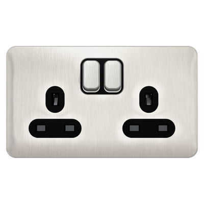 "Lisse - Switched Socket - 2 gang - 13A DP Stainless Steel with Black Interior( Subject to availability)"
