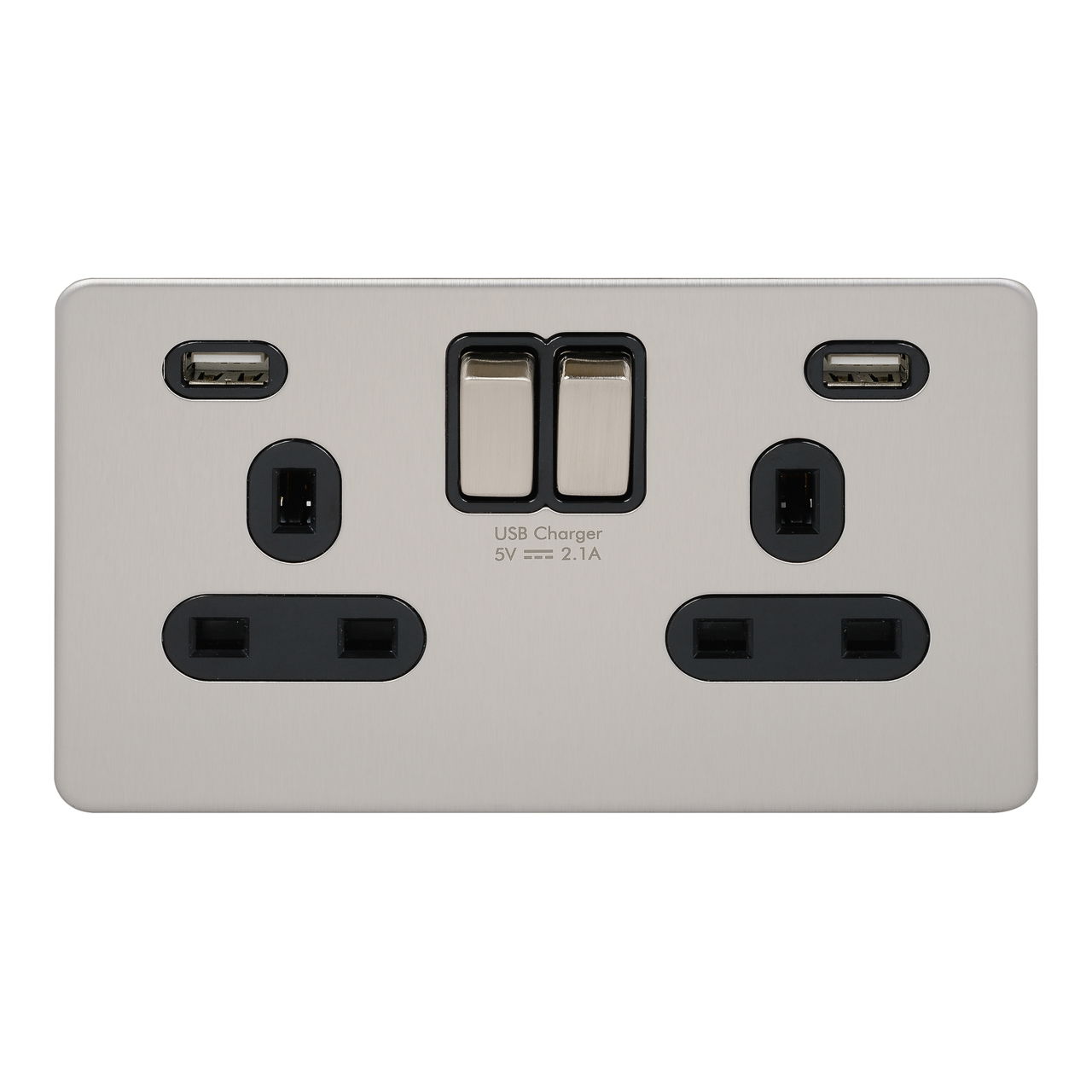 Ultimate-SwitchedSocket 2USB charger-2 gang 13A stainless steel - black