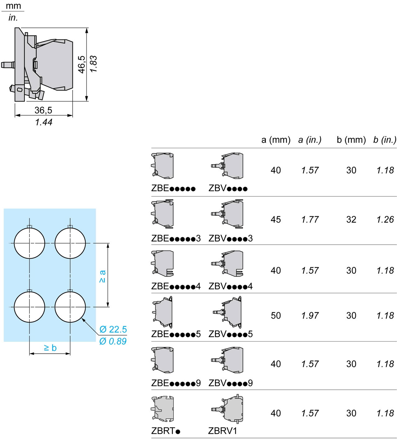 Complete body/light block assembly, Harmony XB4, metal, universal LED, body/fixing collar, 24…120V AC DC – Image 11 of 13