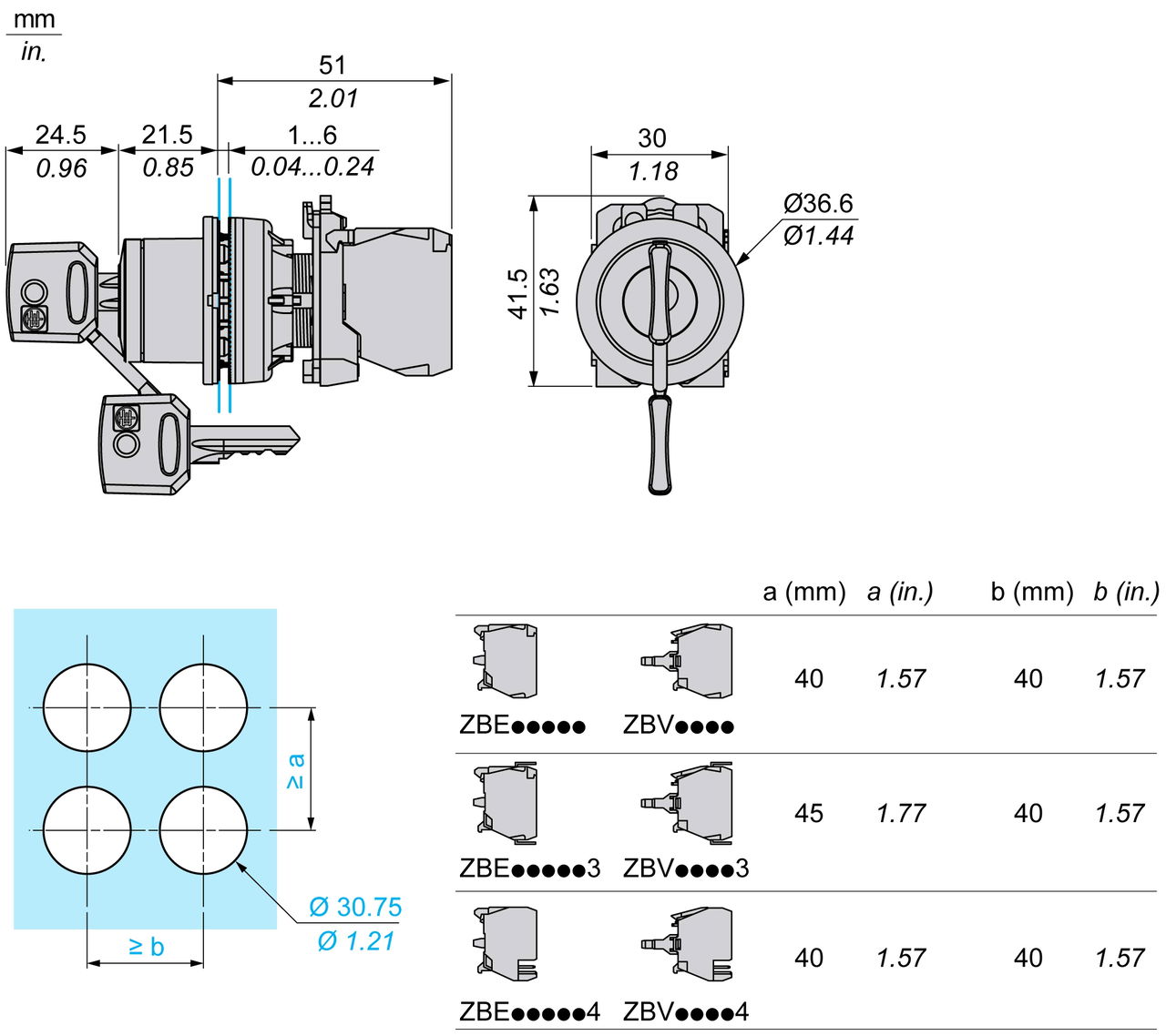 Harmony XB5, Flush mounted key switch selector head, plastic, black, Ø22, key n°455, 2 positions, stay put, grey bezel – Image 5 of 6