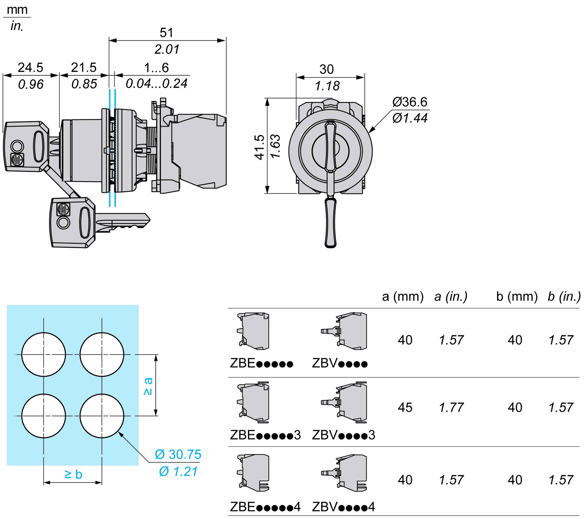 Harmony XB5, Flush mounted key switch selector head, plastic, black, Ø22, key n°455, 2 positions, stay put, grey bezel – Image 5 of 6