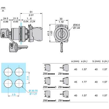 Harmony XB5, Flush mounted key switch selector head, plastic, black, Ø22, key n°455, 2 positions, stay put, grey bezel – Image 3 of 6