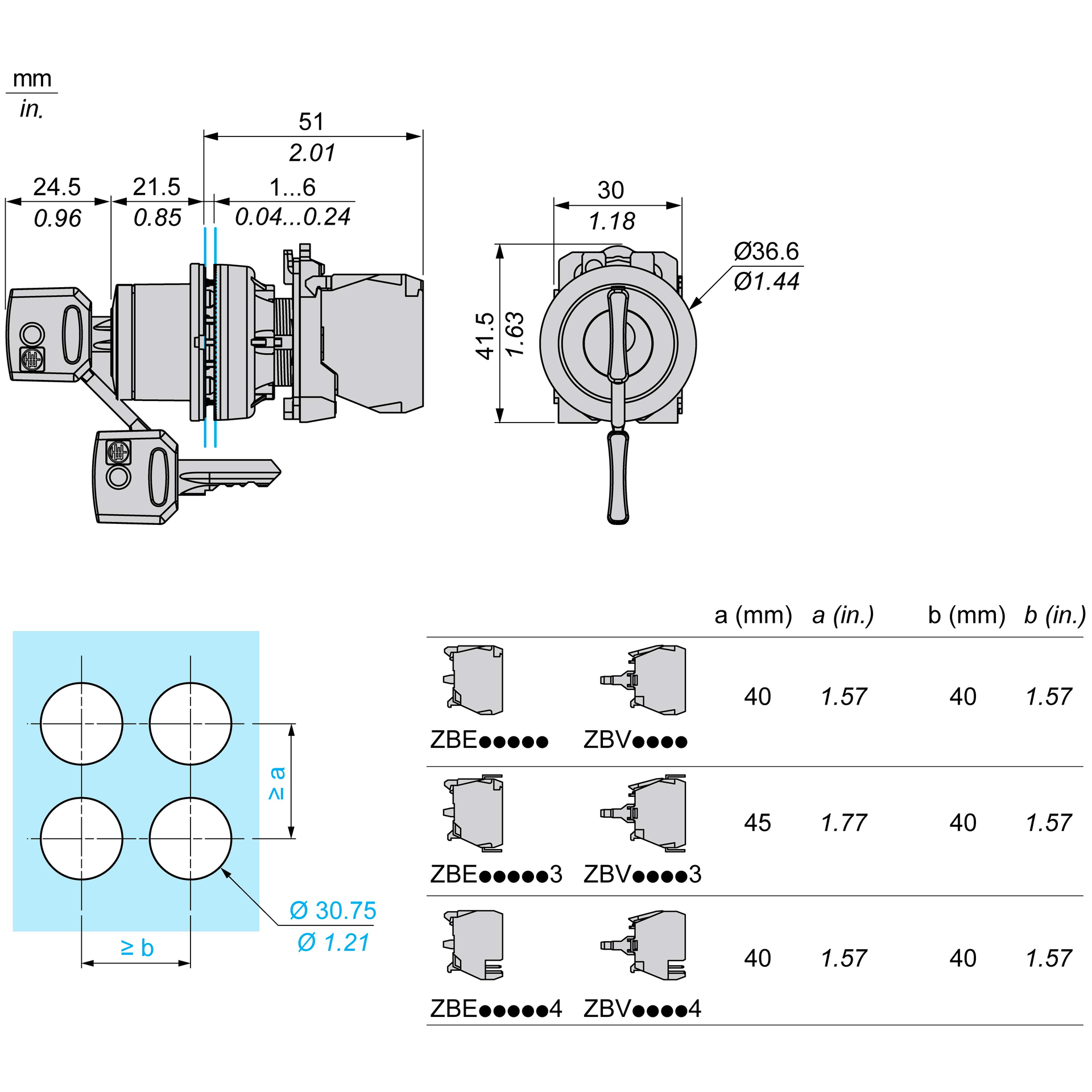 Harmony XB5, Flush mounted key switch selector head, plastic, black, Ø22, key n°455, 2 positions, stay put, grey bezel – Image 2 of 6