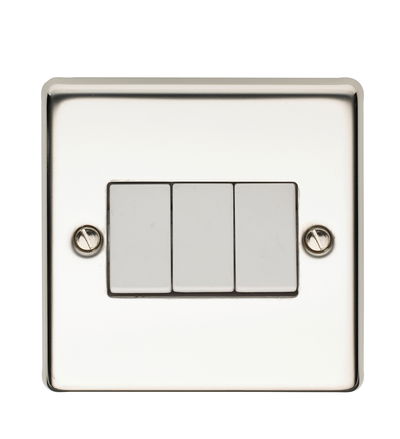 10AX 3 Gang 2 Way Plate Switch Polished Steel Finish