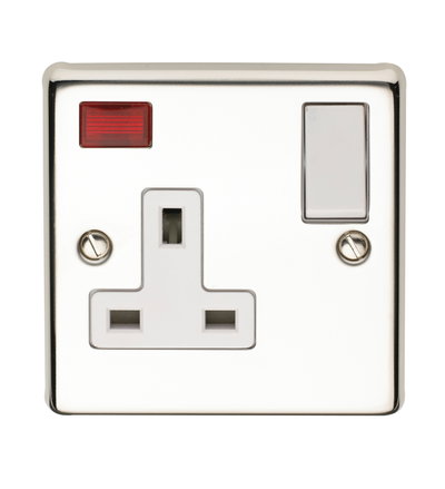 13A 1 Gang Single Pole Switched Socket With Neon Indicator Polished Steel Finish