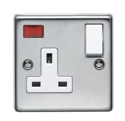 13A 1 Gang Single Pole Switched Socket With Neon Indicator Stainless Steel Finish