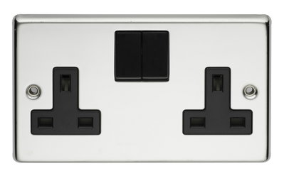 13A 2 Gang Single Pole Switched Socket Polished Steel Finish
