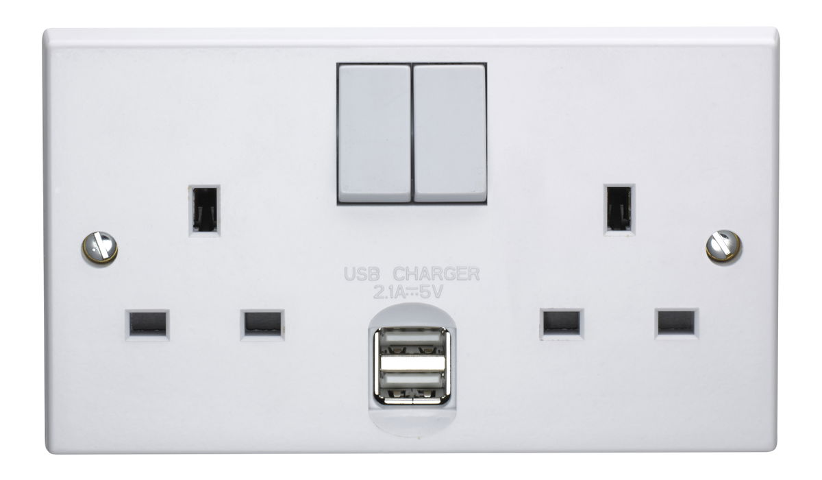 13A 2 Gang Double Pole Switched Socket With Dual 2.1A USB s