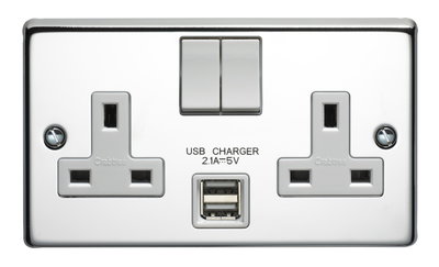 13A 2 Gang Double Pole Switched Socket With Dual 2.1A USB s Polished Steel Finish