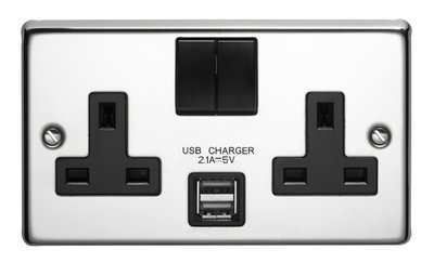 13A 2 Gang Double Pole Switched Socket With Dual 2.1A USB s Polished Steel Finish