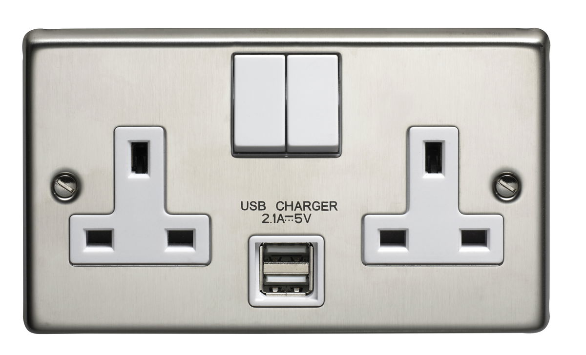 13A 2 Gang Double Pole Switched Socket With Dual 2.1A USB s Stainless Steel Finish
