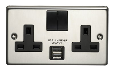 13A 2 Gang Double Pole Switched Socket With Dual 2.1A USB s Stainless Steel Finish