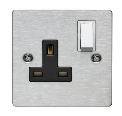 13A 1 Gang Double Pole Switched Socket Black Interior Stainless Steel Finish
