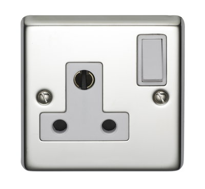 15A 1 Gang Single Pole Round 3 Pin Shuttered Socket Polished Steel Finish