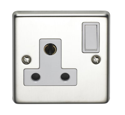 15A 1 Gang Single Pole Round 3 Pin Shuttered Socket Stainless Steel Finish