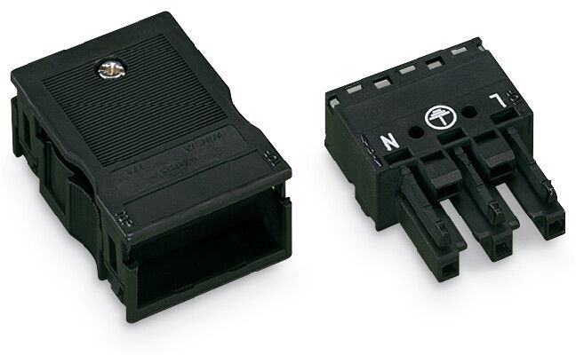 Socket with strain relief housing 3-pole black