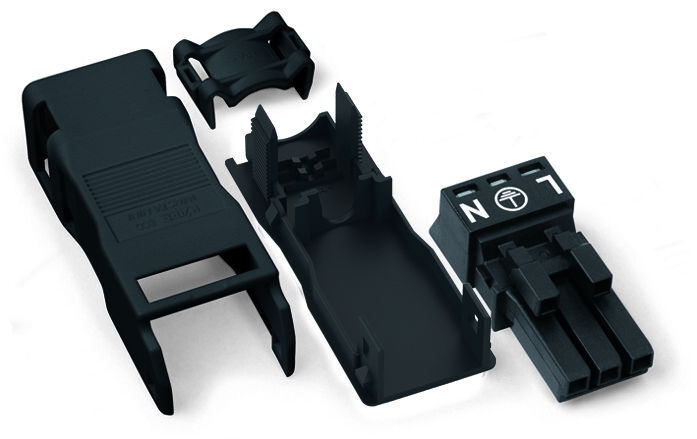 Socket with strain relief housing 3-pole black
