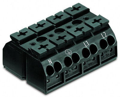 4-conductor chassis-mount terminal strip without ground contact N-PE-L1-L2 black