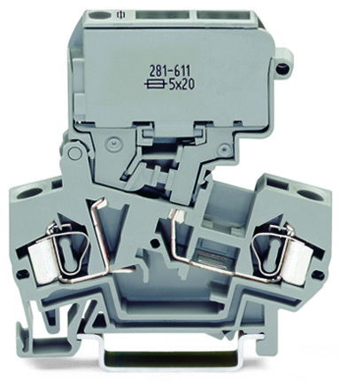 2-conductor fuse terminal block with pivoting fuse holder for 5 x 30 mm miniature metric fuse gray