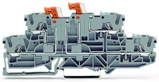 Double-deck, double-disconnect terminal block with 2 pivoting knife disconnects N/L gray