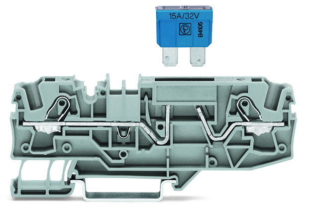 2-conductor fuse terminal block for automotive blade-style fuses with test option gray