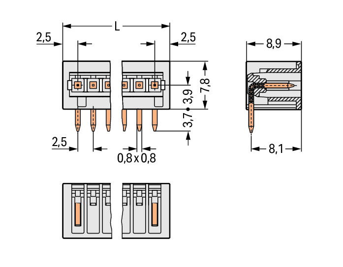THT male header 0.8 x 0.8 mm solder pin angled light gray – Image 2 of 2