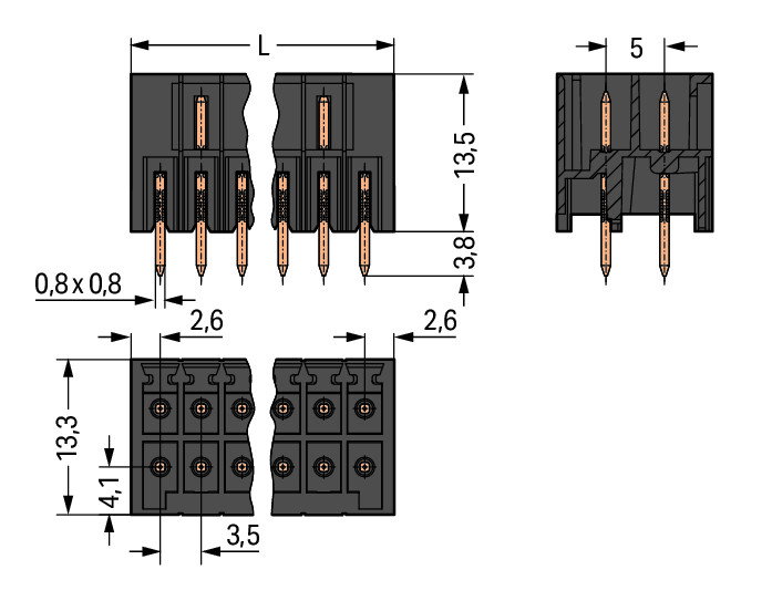 THT male header, 2-row 0.8 x 0.8 mm solder pin straight black – Image 2 of 3