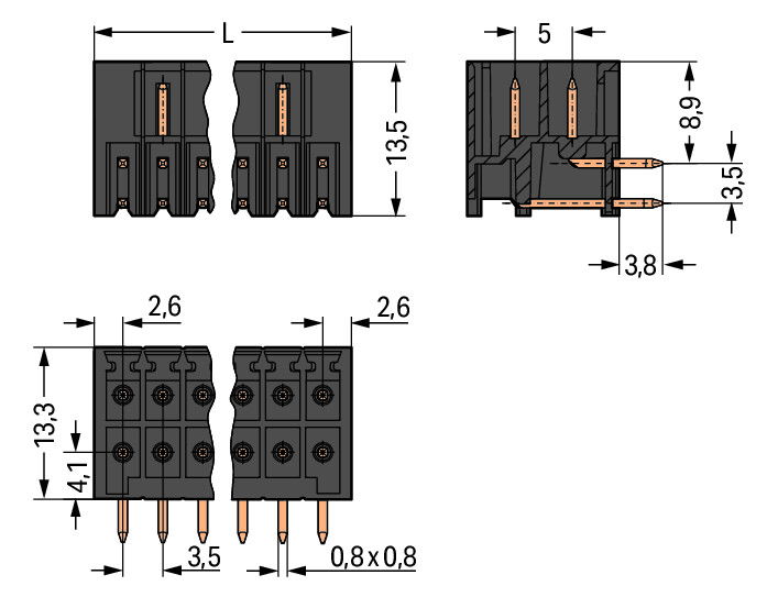 THT male header, 2-row 0.8 x 0.8 mm solder pin angled black – Image 2 of 3