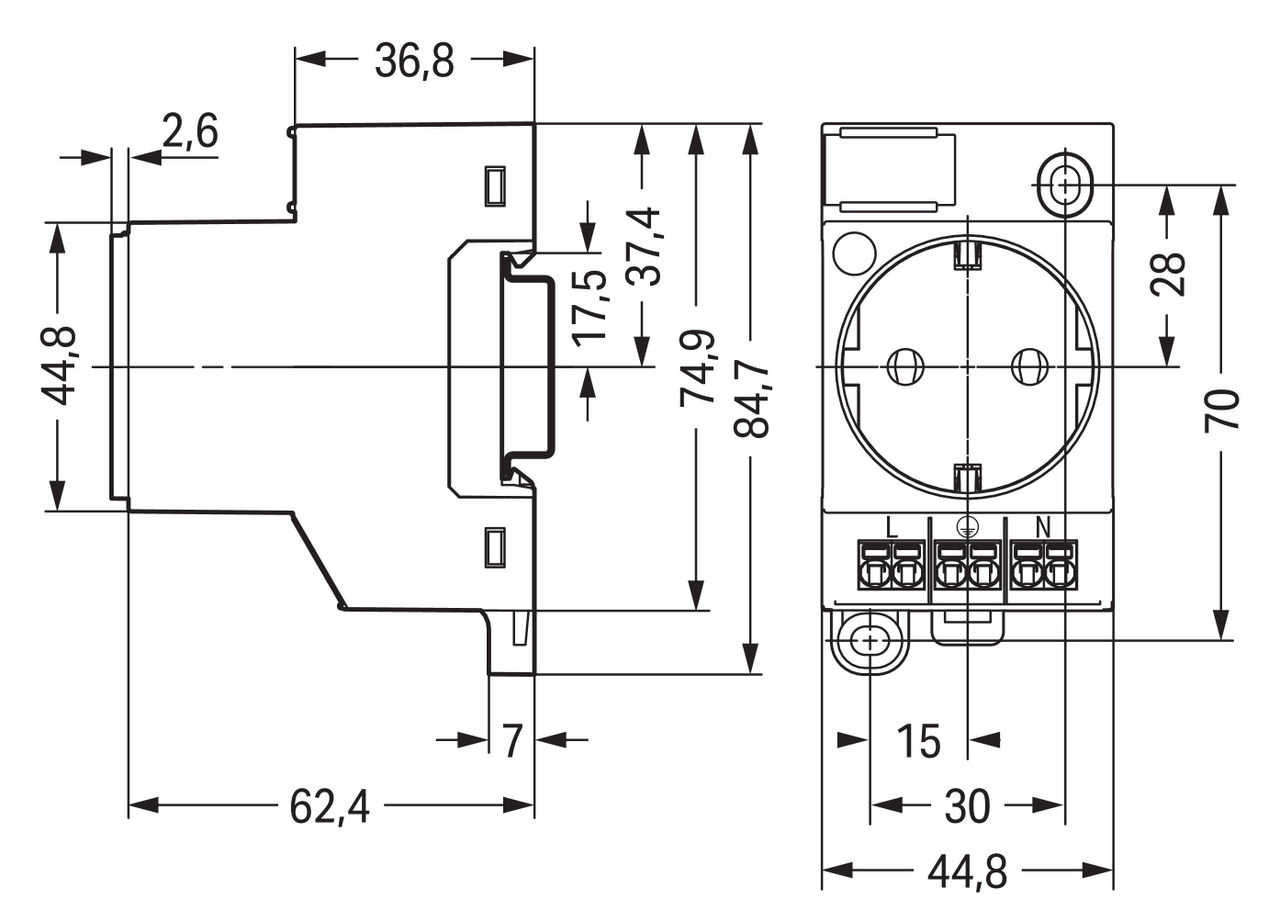 Switchgear cabinet outlet for DIN-rail and screw mounting for plug, type F, CEE 7/4 (Schuko) light gray – Image 2 of 2