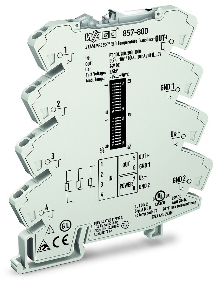 Temperature signal conditioner for RTD sensors Current and voltage output signal Configuration via DIP switch light gray
