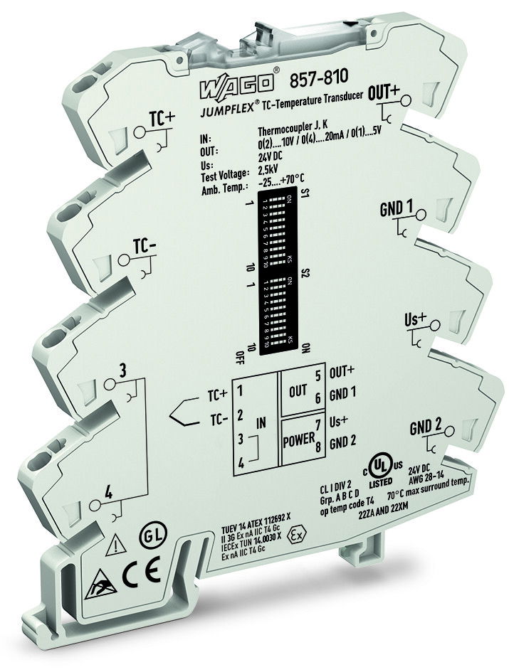 Temperature signal conditioner for thermocouples Current and voltage output signal Configuration via DIP switch light gray