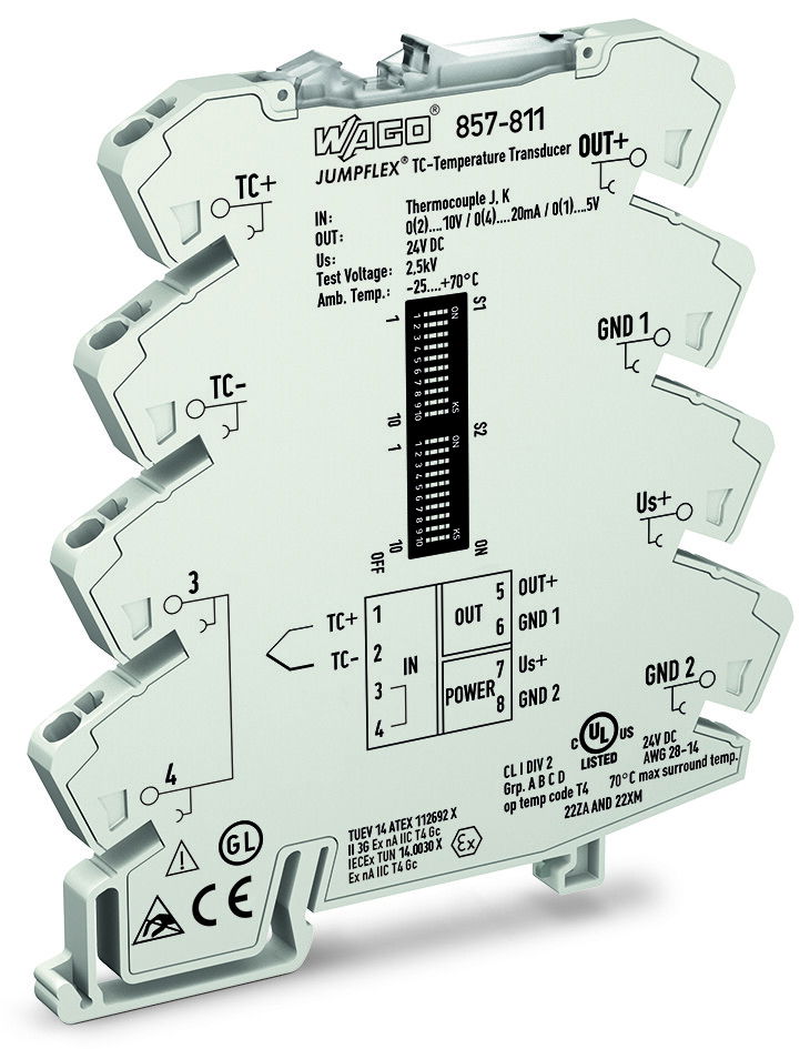 Temperature signal conditioner for thermocouples Current and voltage output signal Configuration via software light gray