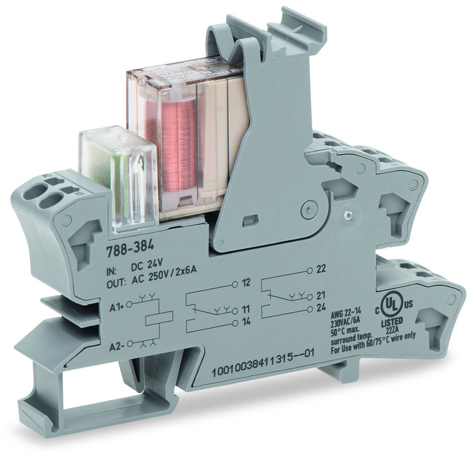 Relay module with driven contacts Nominal input voltage: 24 VDC 2 changeover contacts gray
