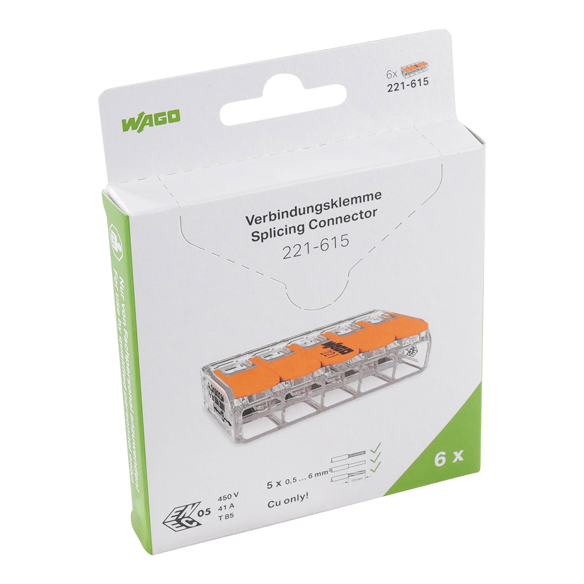 Splicing connector with levers for all conductor types max. 6 mm² transparent