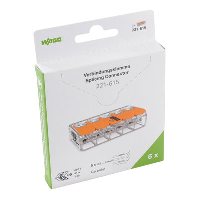 Splicing connector with levers for all conductor types max. 6 mm² transparent