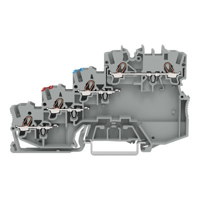 4-conductor sensor terminal block with ground connection via push-in type jumper bars with colored conductor entries gray