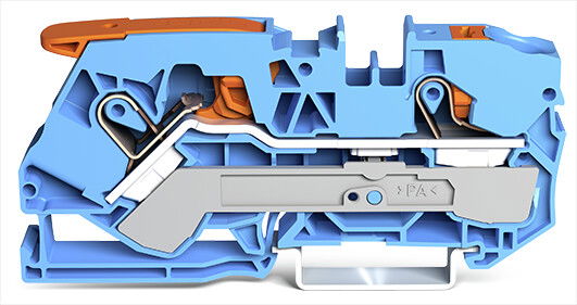 2-conductor through terminal block with lever and push-button 10 mm² blue