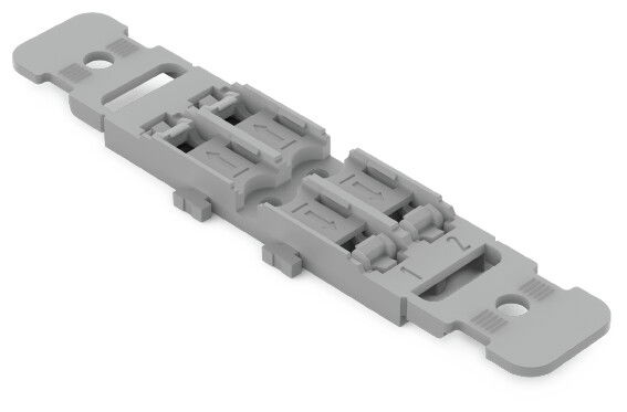 Mounting carrier with strain relief 2-way for inline splicing connector with lever gray